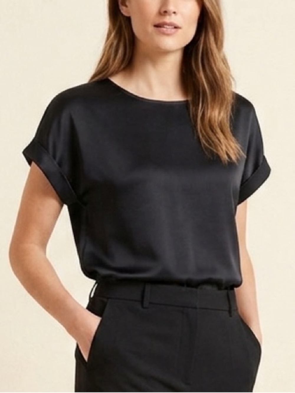Pure Collection 100% Silk Luxury Black Tee Rolled Cuff Scoop Neck Size: 4